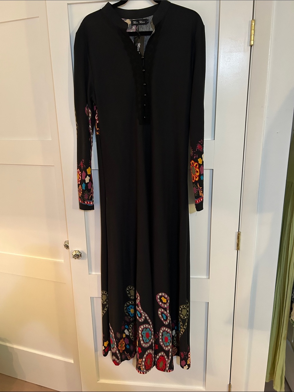 Long Black Floral Embroidered Sleeve Dress